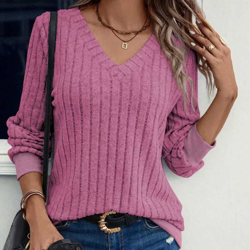 Autumn/Winter Women's V-neck Knitted Casual Short Length Solid Color Long Sleeve Top