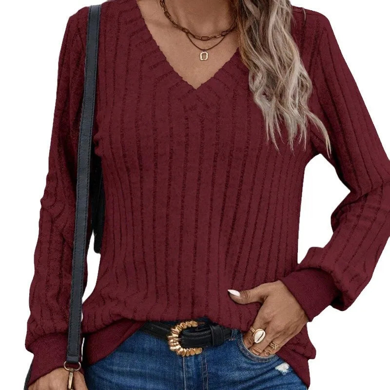 Autumn/Winter Women's V-neck Knitted Casual Short Length Solid Color Long Sleeve Top