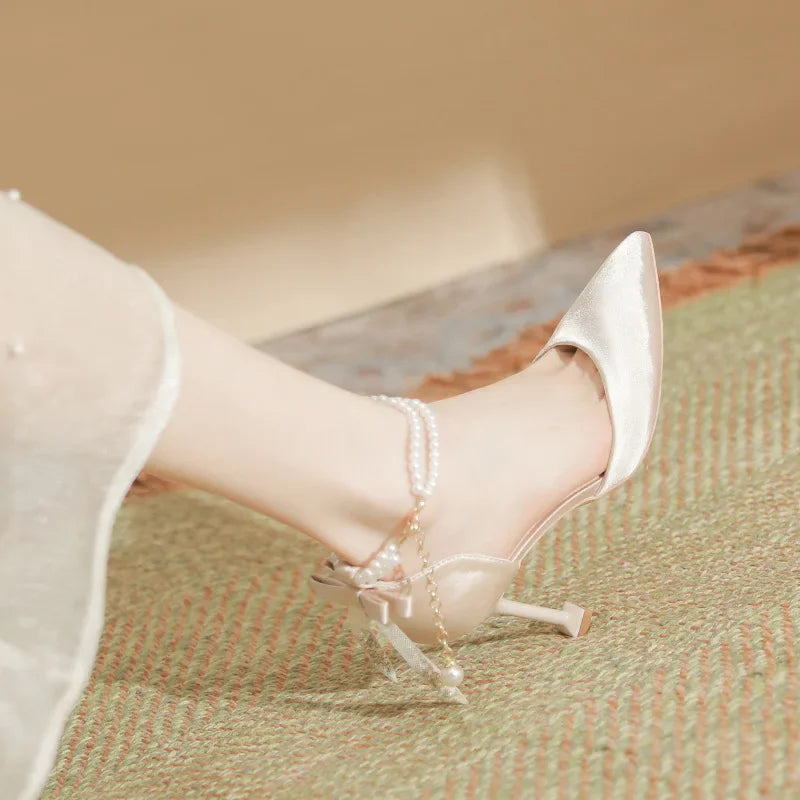 Size 30-44 Thin Heel Pointed Toe Pearls High Heels Women Wedding Shoes For Women Point Toe Ankle Strap White Heels