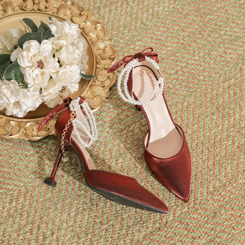 Size 30-44 Thin Heel Pointed Toe Pearls High Heels Women Wedding Shoes For Women Point Toe Ankle Strap White Heels