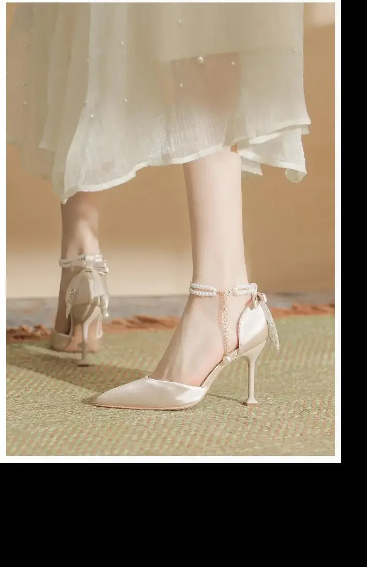 Size 30-44 Thin Heel Pointed Toe Pearls High Heels Women Wedding Shoes For Women Point Toe Ankle Strap White Heels