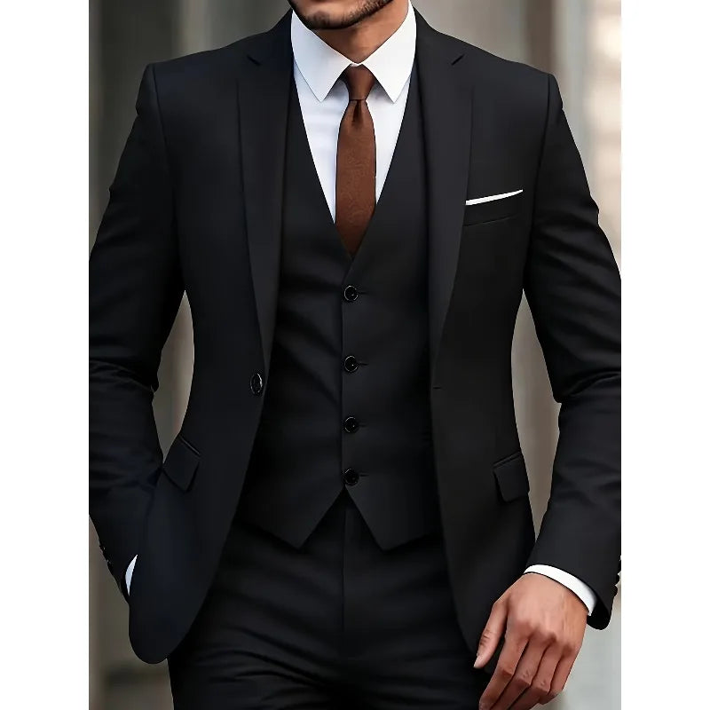 Men's 3-Piece Suit Set, Fashion Japanese & Korean Style Slim Fit Blazer with Vest & Pants, Casual Business Banquet Formal Wear