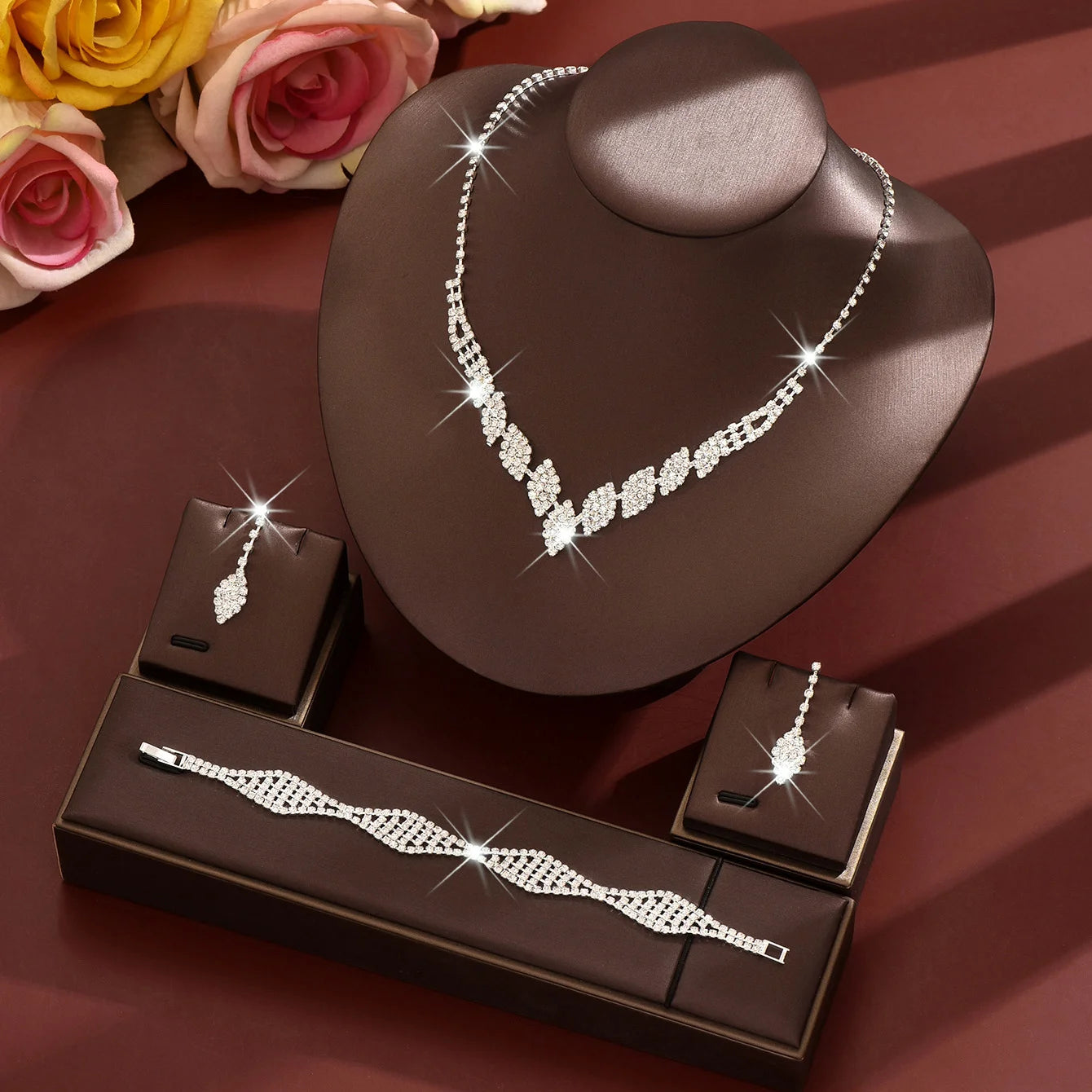 Elegant Clear Crystal Bridal Jewelry Set, Shiny Rhinestone V-Necklace & Bracelet Earring Set for Brides Evening Gift