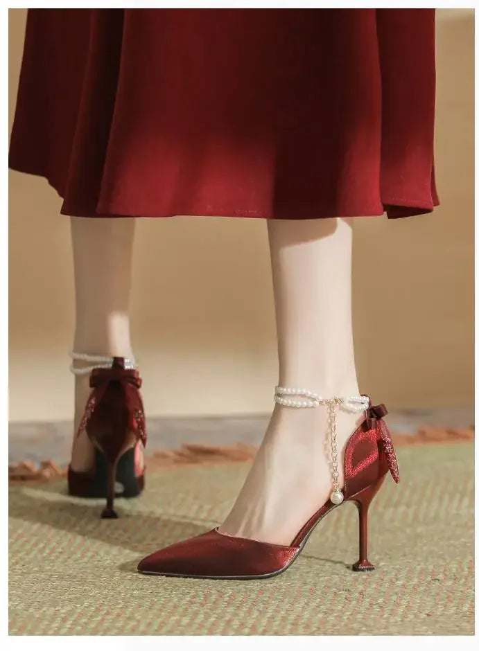 Size 30-44 Thin Heel Pointed Toe Pearls High Heels Women Wedding Shoes For Women Point Toe Ankle Strap White Heels