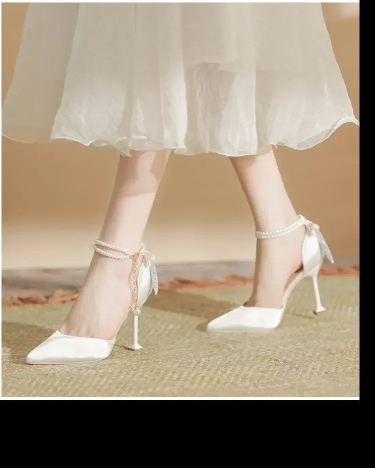 Size 30-44 Thin Heel Pointed Toe Pearls High Heels Women Wedding Shoes For Women Point Toe Ankle Strap White Heels