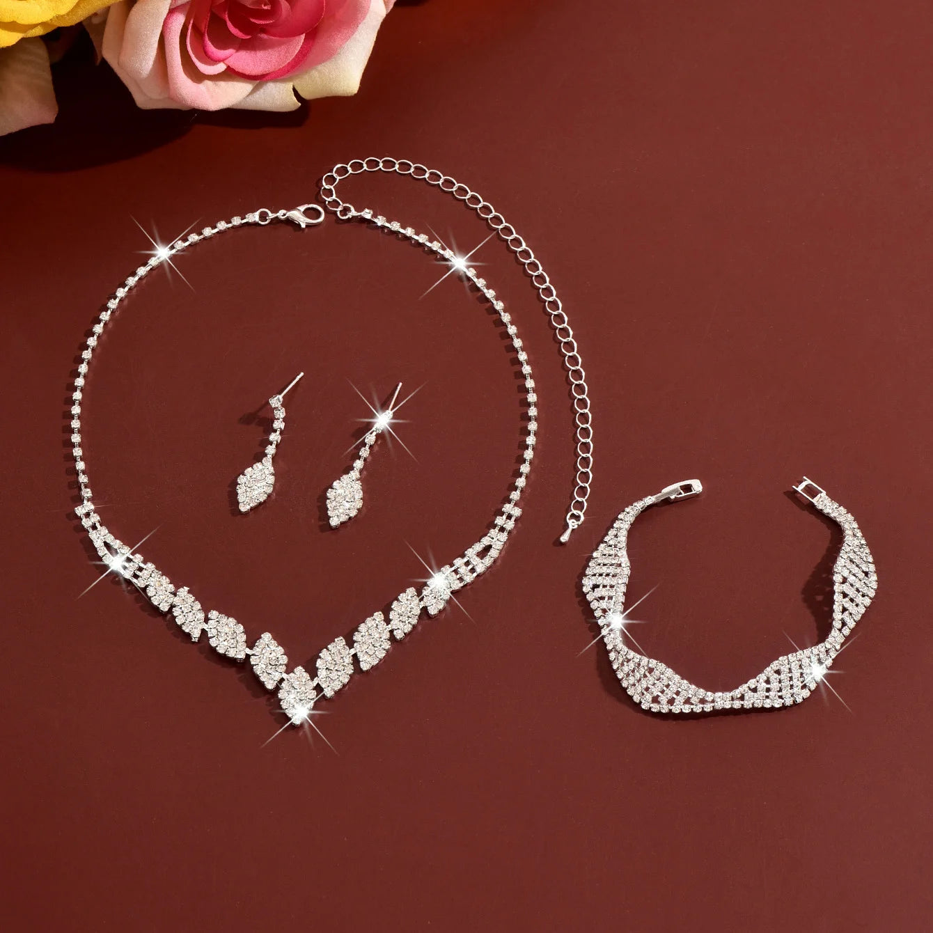 Elegant Clear Crystal Bridal Jewelry Set, Shiny Rhinestone V-Necklace & Bracelet Earring Set for Brides Evening Gift