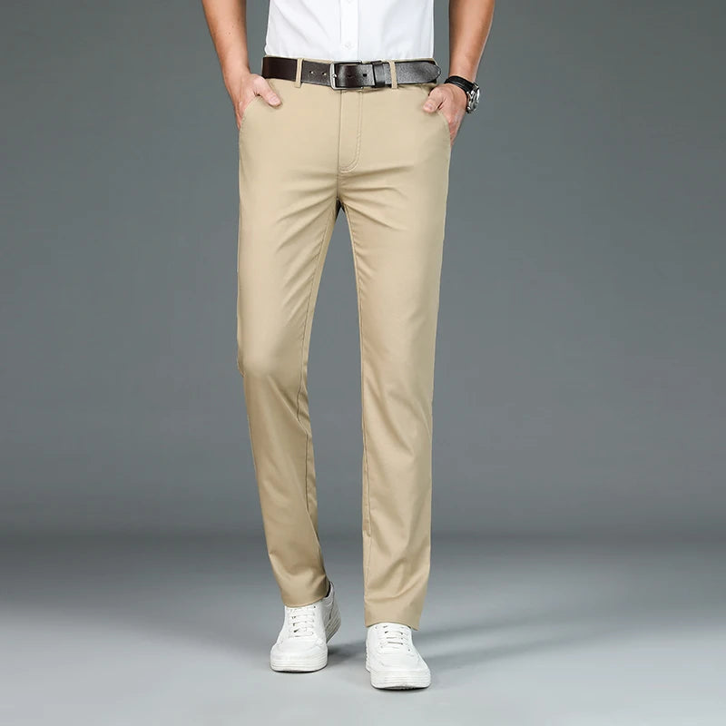 Men's Business Pants Classic Straight Elasticity Fashion Casual Pants Bamboo Fiber Thin Breathable Formal Office Trousers