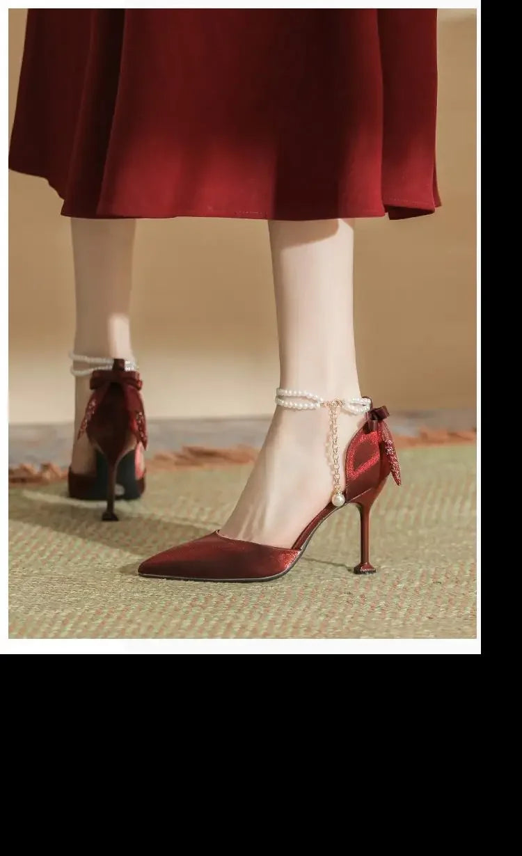 Size 30-44 Thin Heel Pointed Toe Pearls High Heels Women Wedding Shoes For Women Point Toe Ankle Strap White Heels
