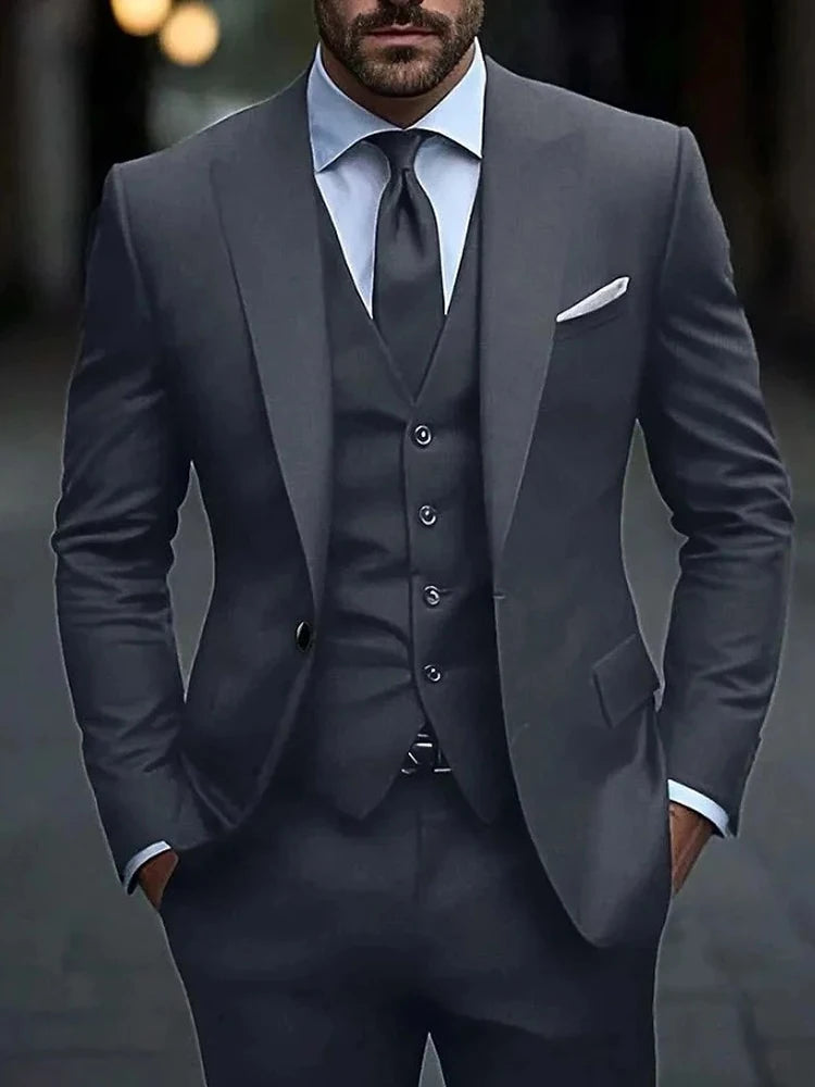 Dark Grey High Quality Men Suits Slim Fit Single Breasted Peak Lapel Elegant Groom 3 Piece Jacket Pants Vest Male Sets