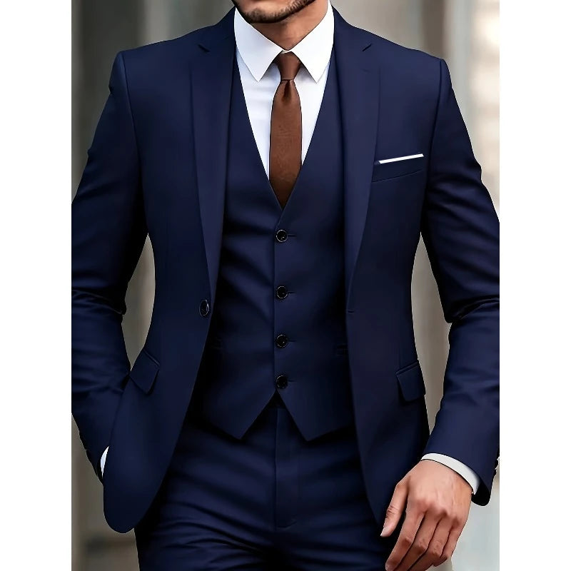 Men's 3-Piece Suit Set, Fashion Japanese & Korean Style Slim Fit Blazer with Vest & Pants, Casual Business Banquet Formal Wear