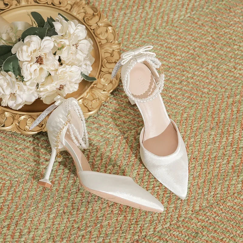 Size 30-44 Thin Heel Pointed Toe Pearls High Heels Women Wedding Shoes For Women Point Toe Ankle Strap White Heels
