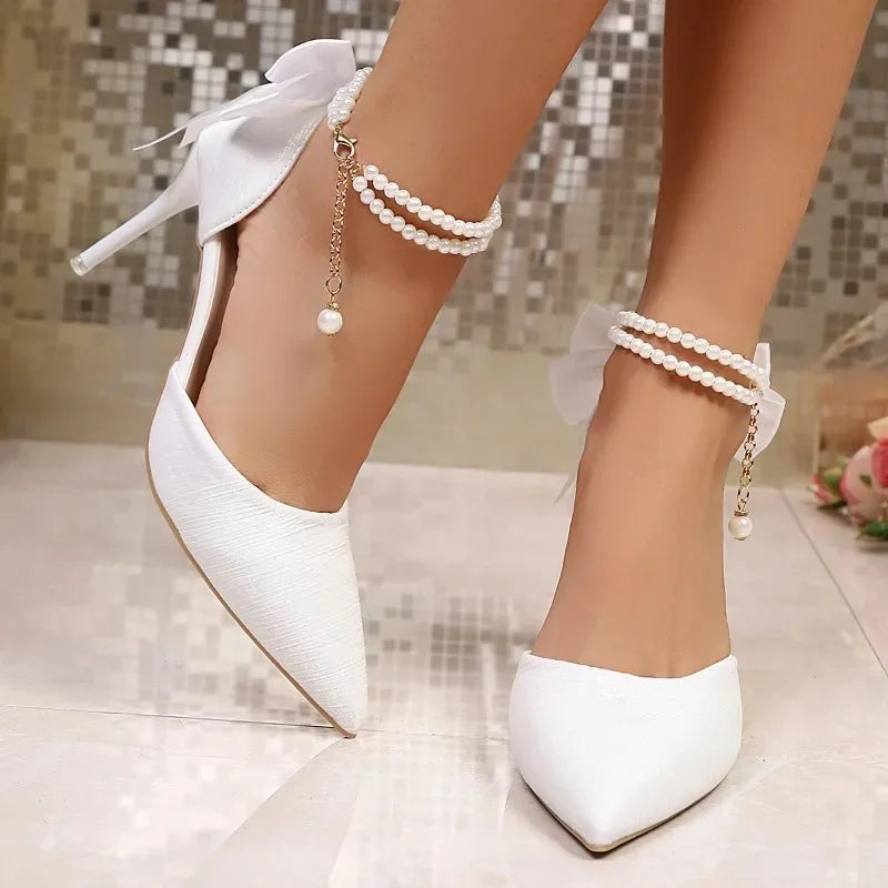 2026 New Wedding Heels Women Luxury Brand Design String Bead Pearls High Heels Ladies Sexy Elegant Pointed Toe White Black Pumps