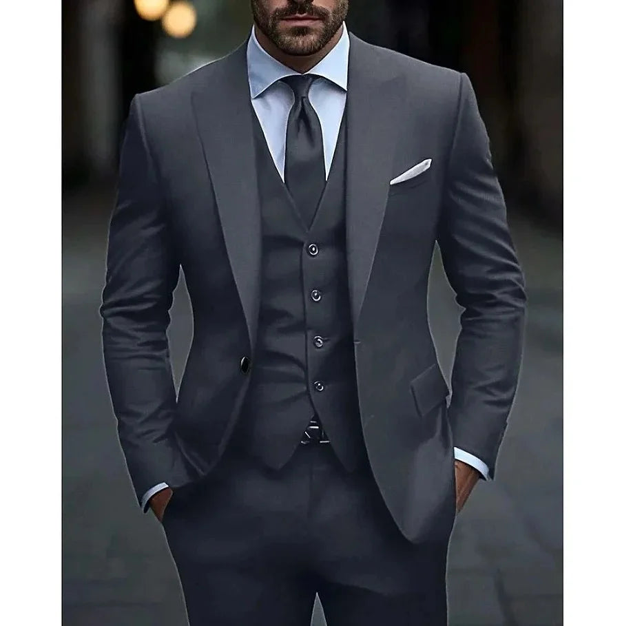 Dark Grey High Quality Men Suits Slim Fit Single Breasted Peak Lapel Elegant Groom 3 Piece Jacket Pants Vest Male Sets