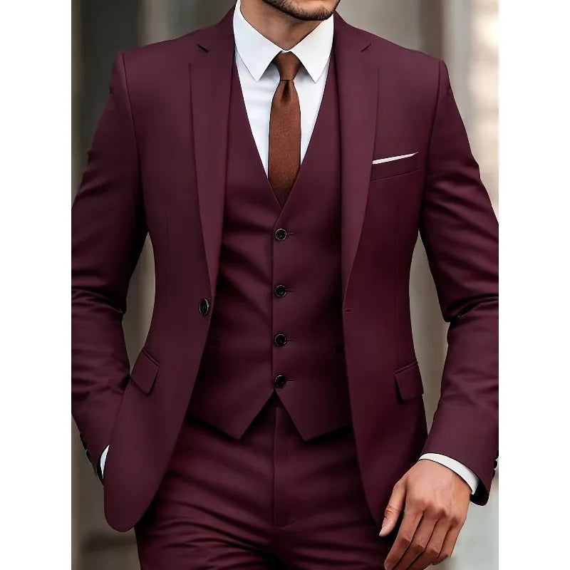 Men's 3-Piece Suit Set, Fashion Japanese & Korean Style Slim Fit Blazer with Vest & Pants, Casual Business Banquet Formal Wear