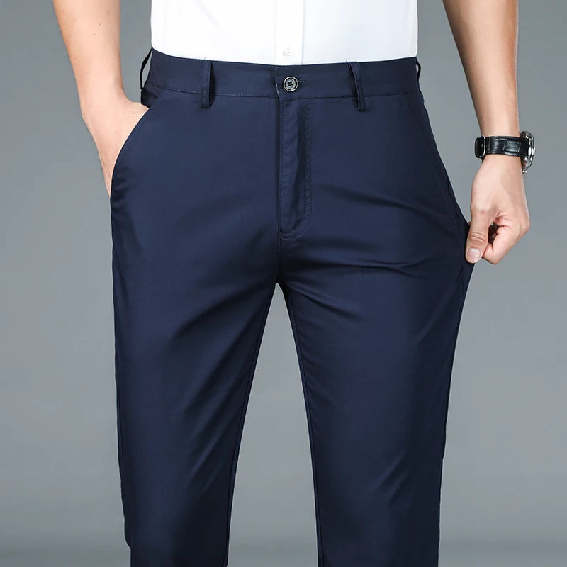 Men's Business Pants Classic Straight Elasticity Fashion Casual Pants Bamboo Fiber Thin Breathable Formal Office Trousers