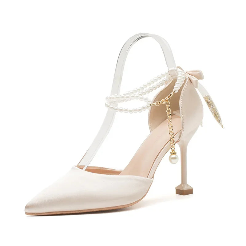 Size 30-44 Thin Heel Pointed Toe Pearls High Heels Women Wedding Shoes For Women Point Toe Ankle Strap White Heels
