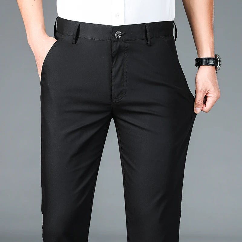 Men's Business Pants Classic Straight Elasticity Fashion Casual Pants Bamboo Fiber Thin Breathable Formal Office Trousers