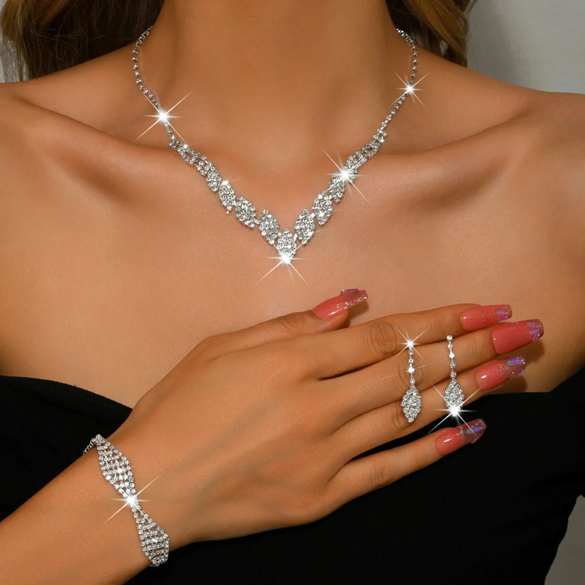 Elegant Clear Crystal Bridal Jewelry Set, Shiny Rhinestone V-Necklace & Bracelet Earring Set for Brides Evening Gift