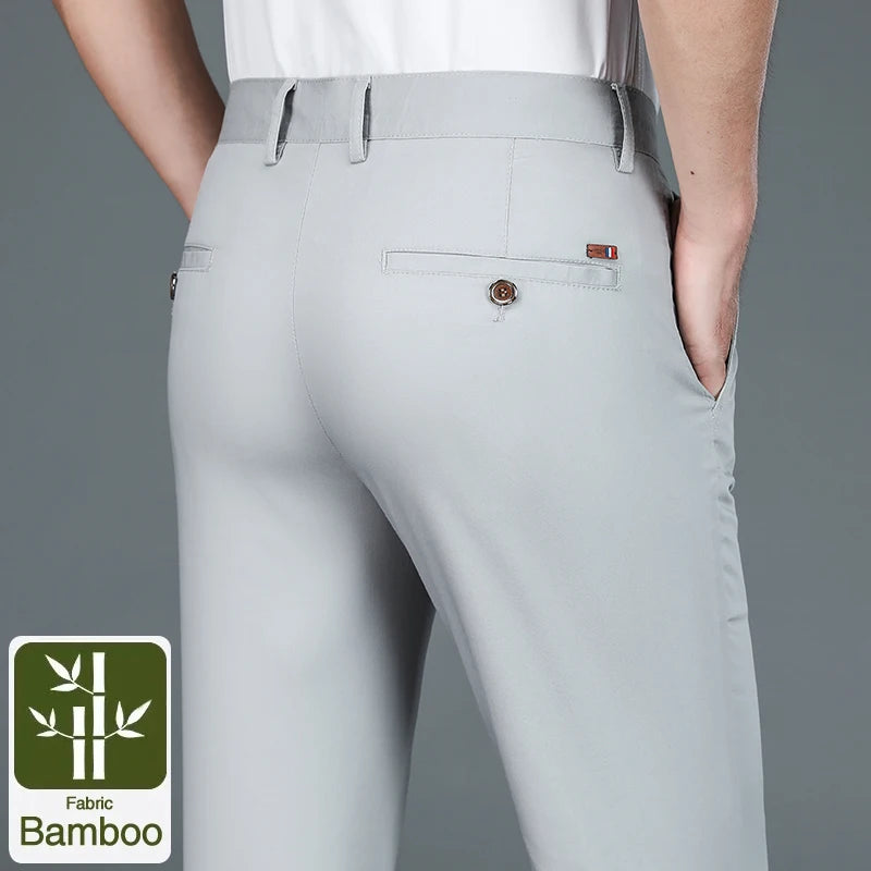 Men's Business Pants Classic Straight Elasticity Fashion Casual Pants Bamboo Fiber Thin Breathable Formal Office Trousers