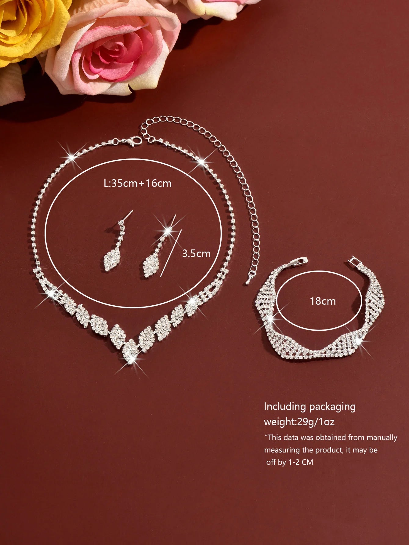Elegant Clear Crystal Bridal Jewelry Set, Shiny Rhinestone V-Necklace & Bracelet Earring Set for Brides Evening Gift